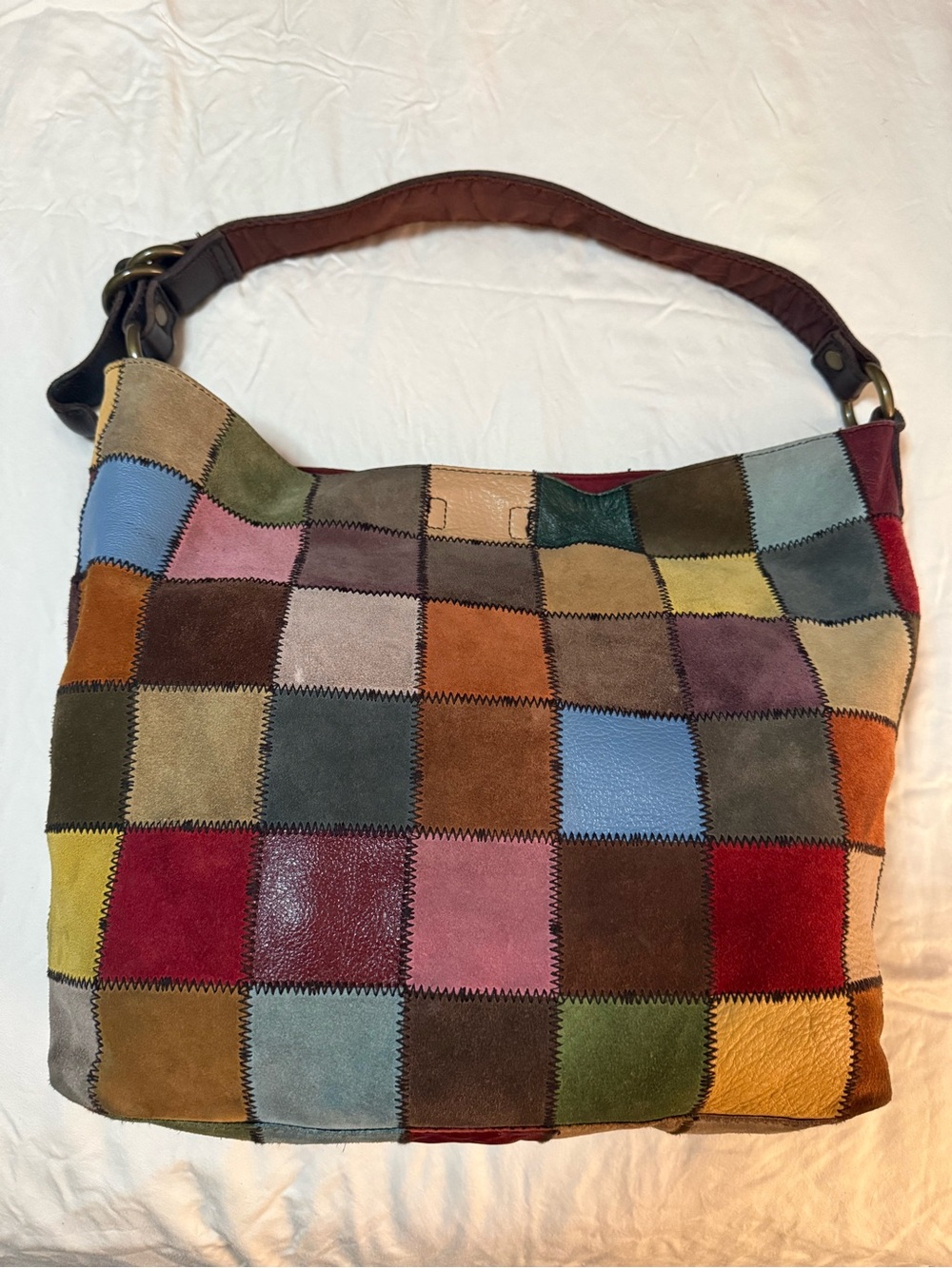 Rare Ugly Betty Y2K Lucky Brand Leather Suede Patchwork Hobo Bag - Seen on TV - Picture 7 of 12
